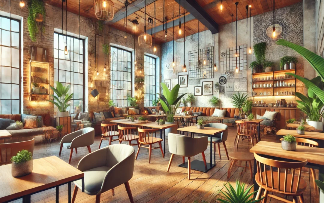 imagen destacada para el artículo sobre tendencias en diseño de interiores para cafeterías. Esta ilustración refleja un ambiente moderno y acogedor, con un diseño que combina elementos naturales, iluminación cálida, y un toque industri